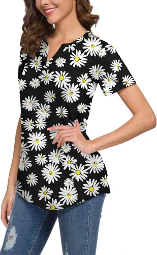 Vista 3 de Neineiwu Blusas de manga corta con cuello en V y corte holgado para mujer