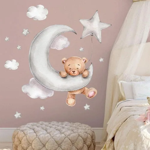 Vista 4 de Enfudid - 2 calcomanías de pared de oso de peluche durmiendo en la luna y estrellas para habitación de niños, habitación de bebé, habitación