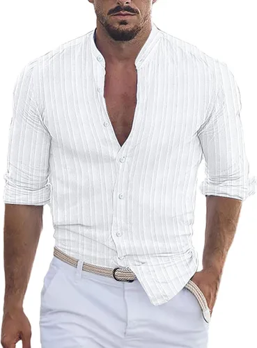 Vista 10 de Camisa de lino de algodón para hombre, manga larga con botones, cuello alto con bandas para playa y verano