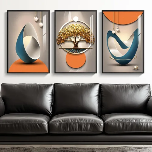 Vista 14 de Arte de pared moderno enmarcado en blanco y negro, 3 piezas de impresiones contemporáneas grandes para paredes, juego de 3 imágenes de hojas doradas