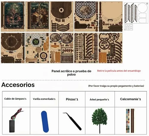 Vista 3 de Juego de anillos de sabiduría para adultos, kit de rincón de libros de madera 3D con luces LED, decoración de biblioteca de rompecabezas
