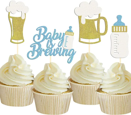 Vista 8 de 1 paquete de decoración de pastel con purpurina para decoración de baby shower temática de cerveza, decoración de revelación de género de bebé