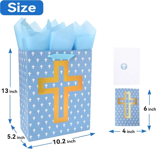 Vista 2 de Juego de bolsa de regalo azul grande de 13 pulgadas con tarjeta de felicitación y papel de seda (diseño de cruz de aluminio), papel de seda