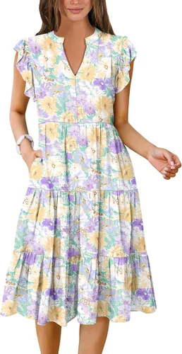 Vista 11 de ANRABESS Vestido de verano para mujer, manga con volantes, cuello en V, vestido midi a la moda, casual, holgado, escalonado, bohemio, playa