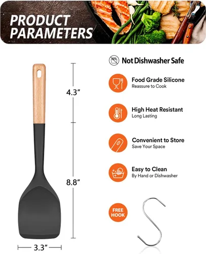 Vista 2 de Badiano Espátula de silicona, borde flexible sin arañazos para sartenes, 13.2 pulgadas Espátulas de cocina de grado alimenticio, mango de madera