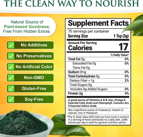 Vista 3 de Sunlit Best USDA Organic Chlorella Spirulina en polvo – Fuente 100% cruda y vegana de proteína y clorofila Bebida energética de superalimentos sin