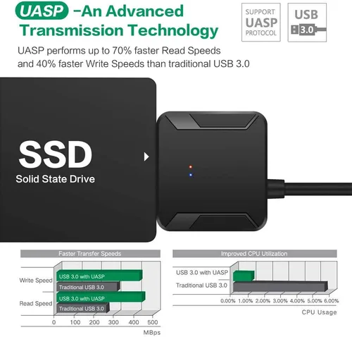 Vista 3 de Adaptador SATA a USB 3.0, cable convertidor de disco duro externo para disco duro de 2.5" 3.5", SSD con fuente de alimentación
