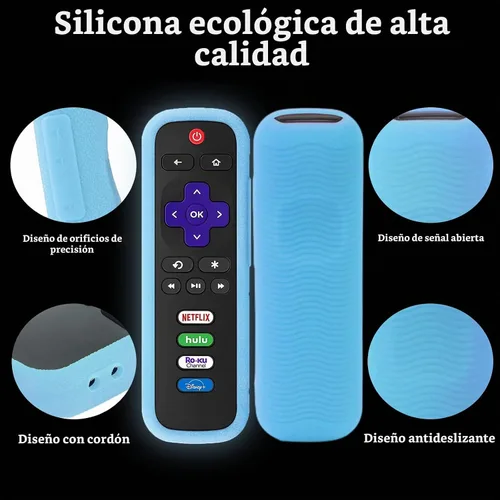 Vista 3 de Funda protectora de silicona para control remoto de Roku Funda universal para control remoto Roku de TCL Hisense con rastreador, luz en la Azul