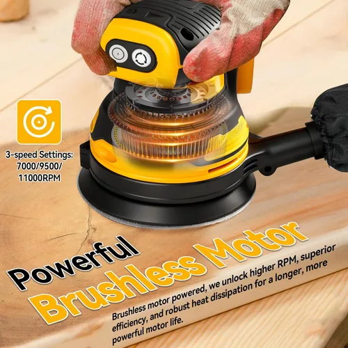Vista 6 de Lijadora orbital aleatoria inalámbrica apta para batería Dewalt de 20 V, motor sin escobillas de 300 W, 11000 RPM, lijadora de palma de 5 pulgadas