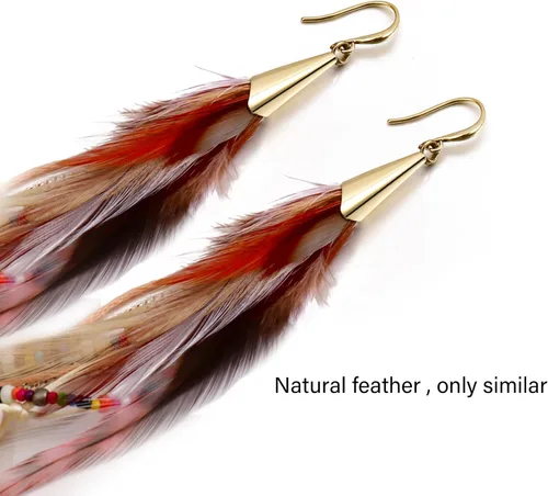 Vista 7 de Badu - Aretes de plumas para mujer, diseño de borla larga, joyería bohemia, accesorios de boda