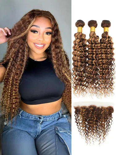 Vista 35 de Cabello Humano Rizado Castaño Rojizo, Trama Gruesa Castaño Cobrizo Rojo Coloreado Ondas Profundas Paquetes Individuales Cabello Humano 12A Tejido