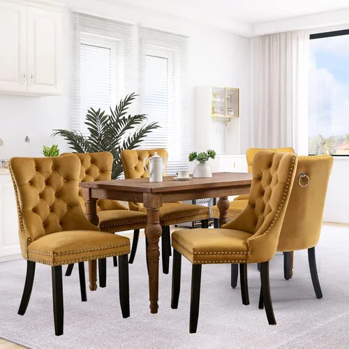 Vista 172 de SoarFlash Juego de 2 sillas de comedor de terciopelo, silla lateral de respaldo alto, silla lateral moderna tapizada de alta gama con botones Beige