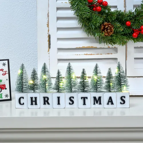 Vista 5 de Decoración de Árbol de Navidad Iluminada con LED para Mesa, Decoración Rústica de Navidad de Madera con Árboles Mini, Letrero de Navidad en Bloque