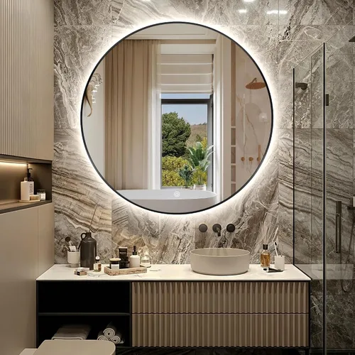 Vista 23 de Espejo de Baño LED Redondo de 24", Espejo de Tocador Retroiluminado Montado en Pared con Marco Biselado de 45°, Espejo Iluminado para Dormitorio