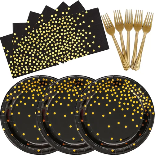 Vista 10 de Suministros de fiesta negros y dorados, 145 platos de papel, servilletas, cuchillos, tenedores, vasos, pancartas, para víspera de Año Nuevo 2026