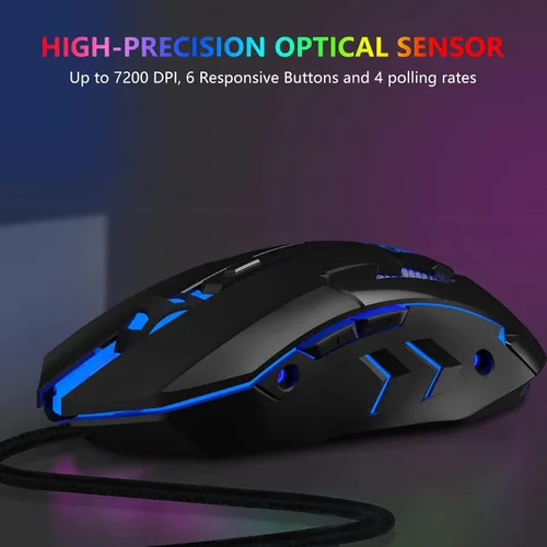 Vista 6 de FUWANG Ratón para juegos con cable, mouse USB para computadora con retroiluminación RGB, sensor óptico de 7200 DPI, mouse ergonómico para gamer