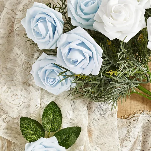 Vista 6 de Flores artificiales, 25 piezas, rosa artificial azul bebé para ramos de boda, centros de mesa, arreglos, flor falsa con tallos para decoración