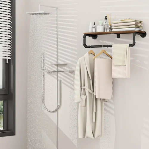 Vista 6 de Perchero Industrial de Tubería, Perchero de Ropa de Hierro Resistente Montado en Pared para Colgar Ropa, Estante con Barra para Colgar