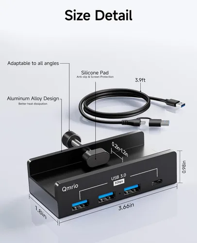 Vista 4 de Hub USB 3.0, concentrador USB con abrazadera de 5 Gbps para escritorio/monitores con puerto de fuente de alimentación adicional, 3 puertos de datos
