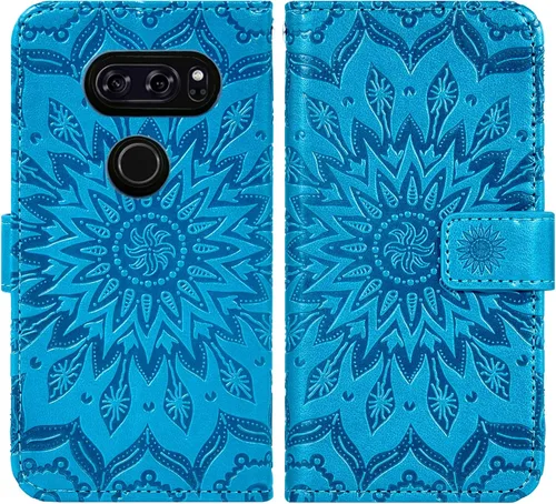 Vista 5 de Funda de teléfono para LG V35 ThinQ V30 Plus con protector de pantalla de vidrio templado y cubierta abatible de cuero, soporte para tarjetas