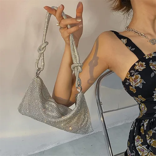 Vista 5 de Bolso de mano de noche con diamantes de imitación para mujer, bolso de mano plateado brillante con purpurina para boda, baile de graduación y fiesta