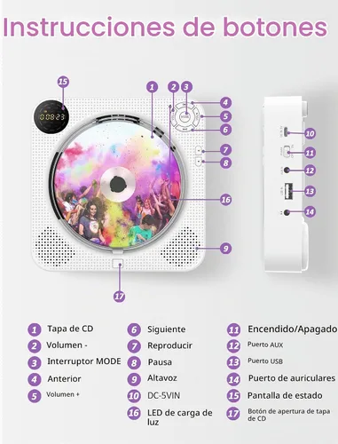 Vista 7 de DESOBRY Reproductor de CD de pared Bluetooth con altavoces Control remoto