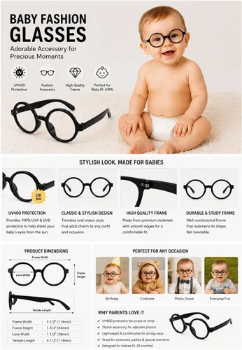Vista 2 de KD01 - Gafas redondas para disfraz de bebé de 0 a 24 meses Redondo negro-transparente