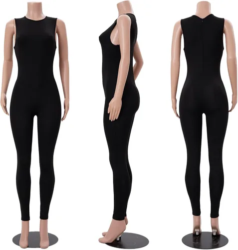 Vista 6 de CTU Mono negro para mujer, ajustado, con cremallera, sin mangas, de una pieza, overol