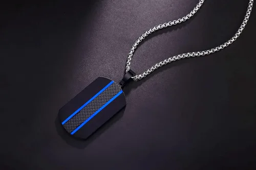Vista 4 de Holizaly Collar con etiqueta de perro para hombre elegante etiqueta de acero inoxidable dos tonos azul y negro con cadena de 230in de grosor caja