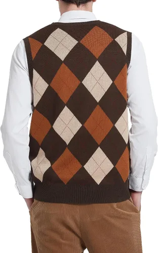 Vista 3 de Kallspin Suéter tipo chaleco con rombos para hombre, mezcla de lana, cuello en V, sin mangas