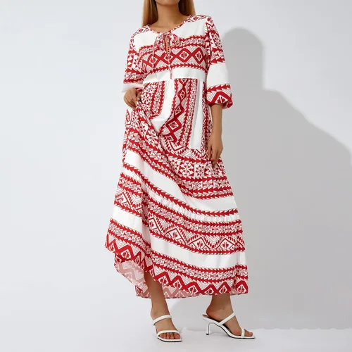 Vista 3 de Bowiln Vestido largo con estampado casual para mujer, con lazo frontal, cuello redondo, manga larga, holgado, talla grande