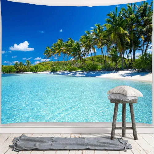 Vista 4 de YISURE Tapiz de playa oceánica para colgar en la pared, 80 x 60 pulgadas, diseño de palmera paraíso tropical, cocotero, decoración de pared hippie