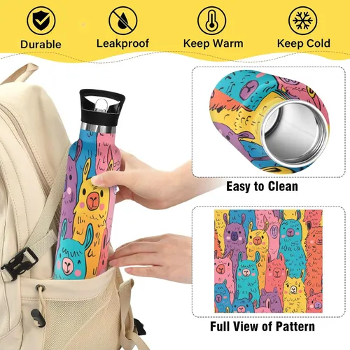Vista 4 de Botella de agua con aislamiento deportivo ligero de alpaca de color lindo de dibujos animados con asa caliente y fría de doble pared para bicicleta
