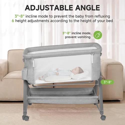 Vista 2 de Real Relax Moisés para bebé, cuna mecedora 3 en 1 para bebé con 6 alturas ajustables, laterales y colchón de malla transpirable, cesta de Gris