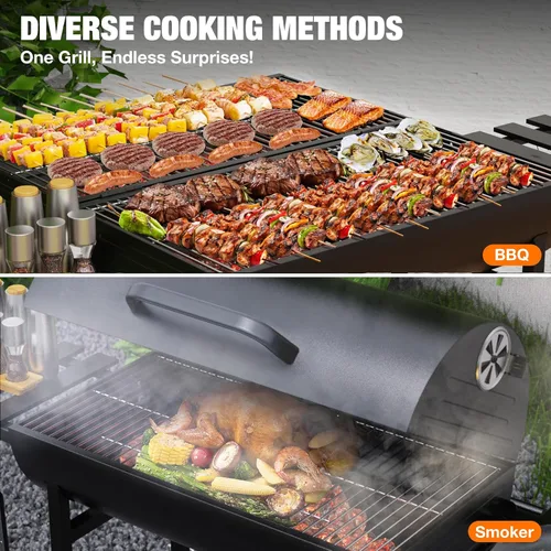 Vista 4 de Parrilla de barbacoa de carbón extragrande, 871 pulgadas cuadradas, espacio de cocción, parrilla de barbacoa de barril al aire libre con 2 mesas