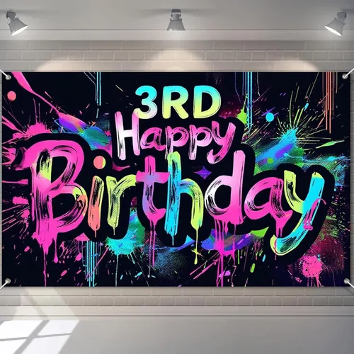 Vista 27 de HOMETITUTE Pancarta de Neón de Feliz 10mo Cumpleaños 71 x 43 pulgadas, Salpicadura de Pintura que Brilla en la Oscuridad, Telón de Fondo