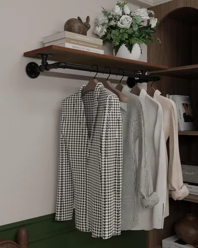 Vista 16 de Perchero negro de 36 pulgadas, perchero montado en la pared con estante de madera real negra, perchero colgante resistente, barra para colgar