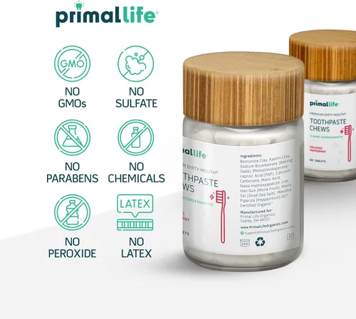 Vista 5 de Primal Life Organics Pasta de dientes masticables de boca sucia prémium – Tabletas de pasta de dientes blanqueadoras con nano-hidroxiapatita