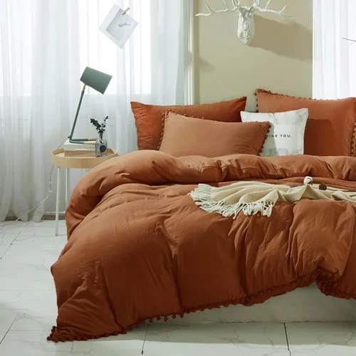 Vista 6 de Juego de 2 fundas de almohada de tamaño estándar naranja quemado, 20 x 26 pulgadas Fundas de almohada bohemias con flecos de pompones, bonitas