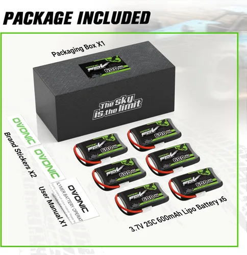 Vista 6 de OVONIC Batería Lipo de 3.7V 25C 600mAh 1S [1 paquete que incluye 6 baterías]