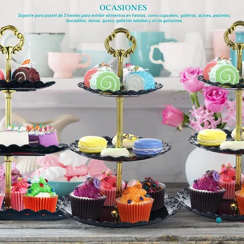 Vista 6 de Honeydak - Soporte para servir cupcakes de 3 niveles, 3 unidades, color Soporte para cupcakes de boda, postre de plástico, juego de mesa de dulces