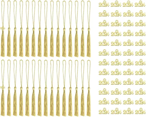 Vista 8 de Tupalizy 30 mini borlas sedosas hechas a mano con 60 dijes del año 2024 para graduación, llavero, aretes, joyería, regalos de boda, recuerdos