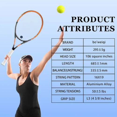 Vista 4 de bo'weiqi Juego de raquetas de tenis recreativas de 27 pulgadas para 2 jugadores, raquetas de tenis ligeras preencordadas para principiantes, incluye