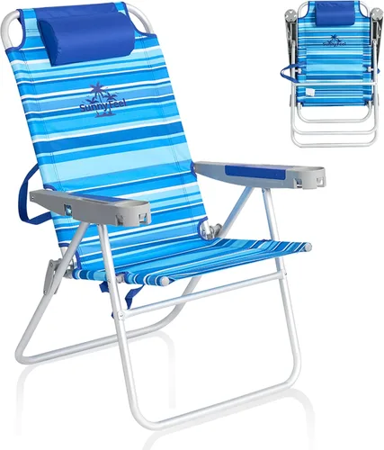 Vista 18 de SUNNYFEEL Silla de playa alta para adultos, sillas plegables de asiento Azul