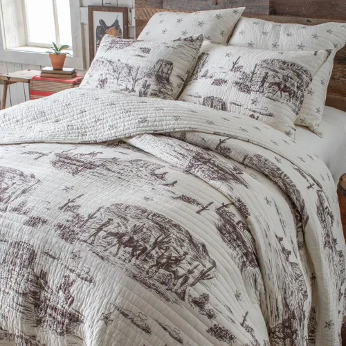 Vista 3 de Tumbleweed Trail King - Edredón vintage de vaquero occidental, ropa de cama reversible marrón y crema, 106 x 92 pulgadas