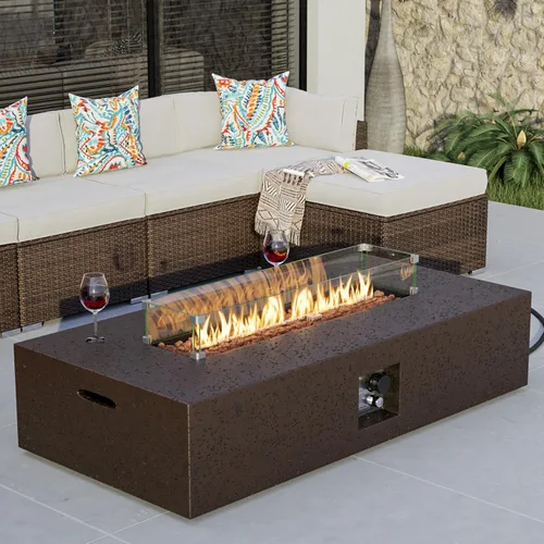Vista 22 de COSIEST mesa cuadrada de propano para exteriores de arenisca con protector contra el viento, certificada, quemador de acero inoxidable de 50,000