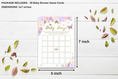 Vista 2 de Juegos de baby shower para niñas, juego de bingo de mariposa púrpura para baby shower, decoraciones florales moradas para fiestas de revelación