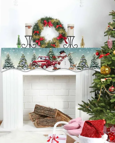 Vista 2 de Daleng Bufanda de repisa de camión de Navidad con muñeco de nieve para chimenea, 60 x 17 pulgadas, árbol de Navidad, copos de nieve, ciervos, verde