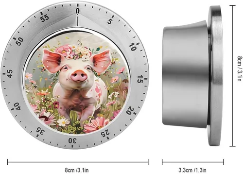 Vista 2 de Pig Floral Kitchen Timer Mechanical No-Battery, Magnetic Back, Loud Alarm for Kitchen, Study & Fitness