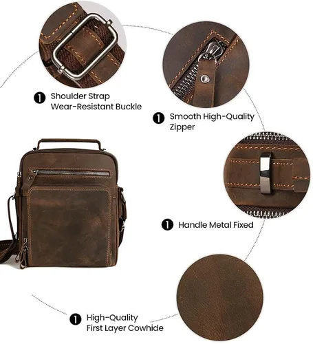Vista 2 de BAIGIO Bolso de mensajero de cuero genuino para hombre, bolso cruzado de hombro vintage, bolso de mano, bolso de mano, bolso de mano, bolso de mano